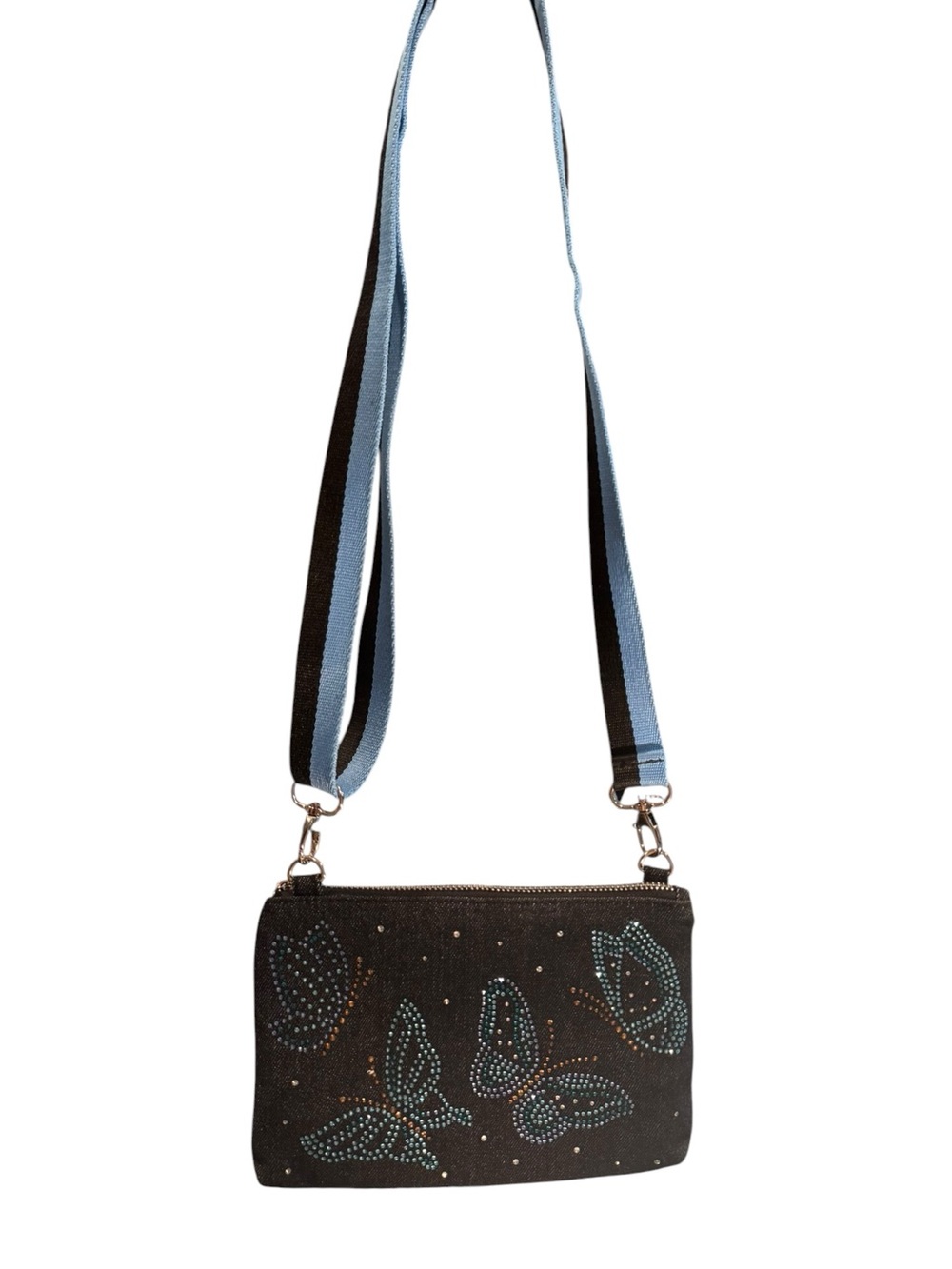 Brighton Black Crossbody with Blue Strap and Floral Stud Accents NWOT